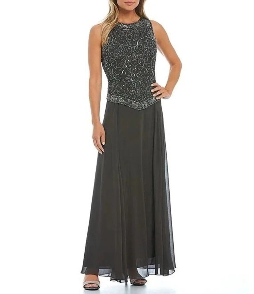 J Kara Beaded V-Trim Lined Formal Maxi Dress Wedding Evening Gown Women's 10